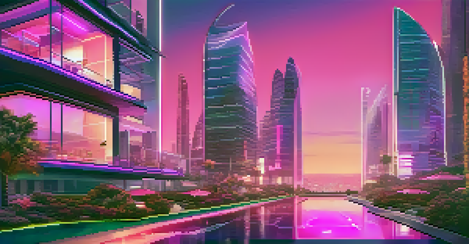 A futuristic virtual real estate landscape with unique properties and a glowing city skyline.