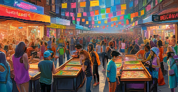 A lively digital marketplace with diverse artists presenting their NFT artworks and a crowd engaging with the displays.