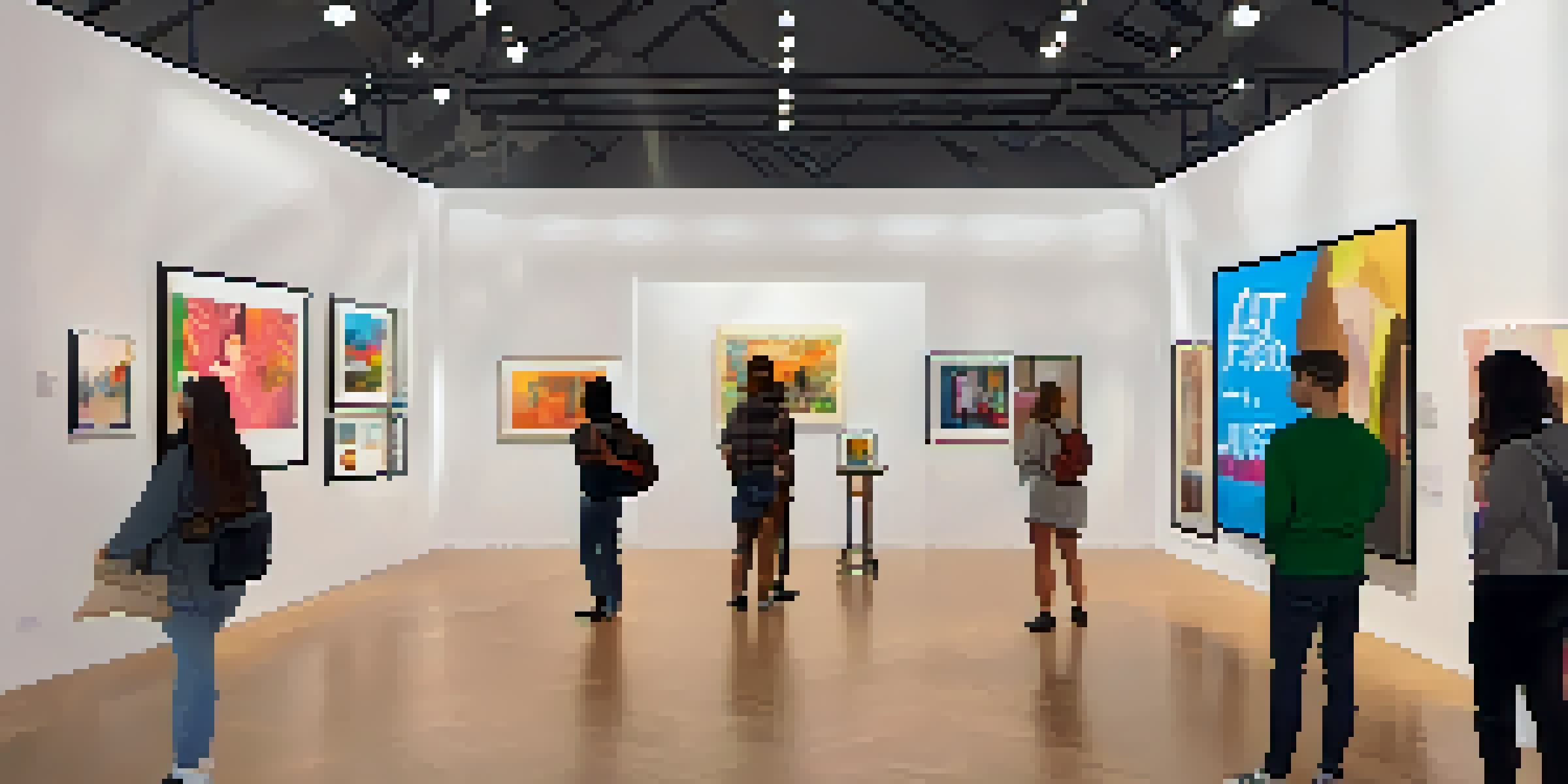 A lively digital art gallery filled with various NFT artworks focused on social justice, with visitors admiring the pieces under warm lighting.