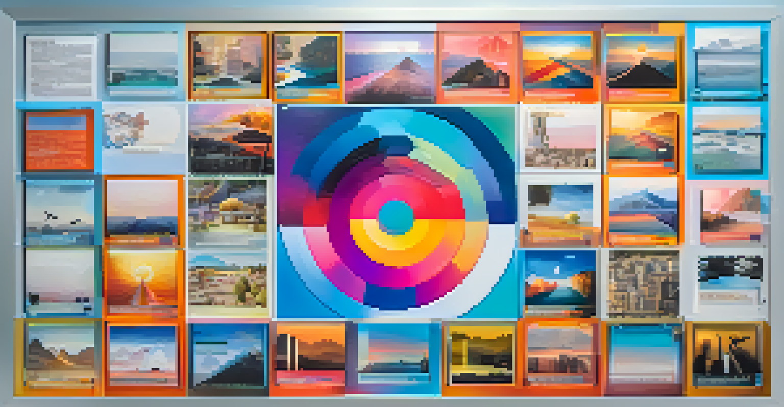 An NFT platform layout showcasing a large featured digital artwork at the top, surrounded by smaller images and a smooth gradient background.