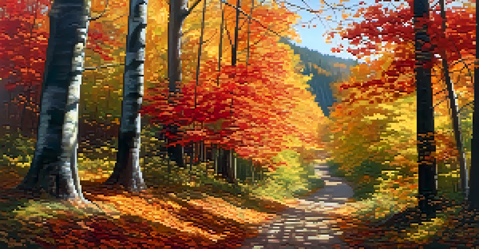 A tranquil autumn forest with colorful leaves and a winding path.