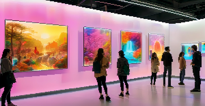 A modern art gallery filled with visitors interacting with digital artworks and augmented reality displays, showcasing NFTs.