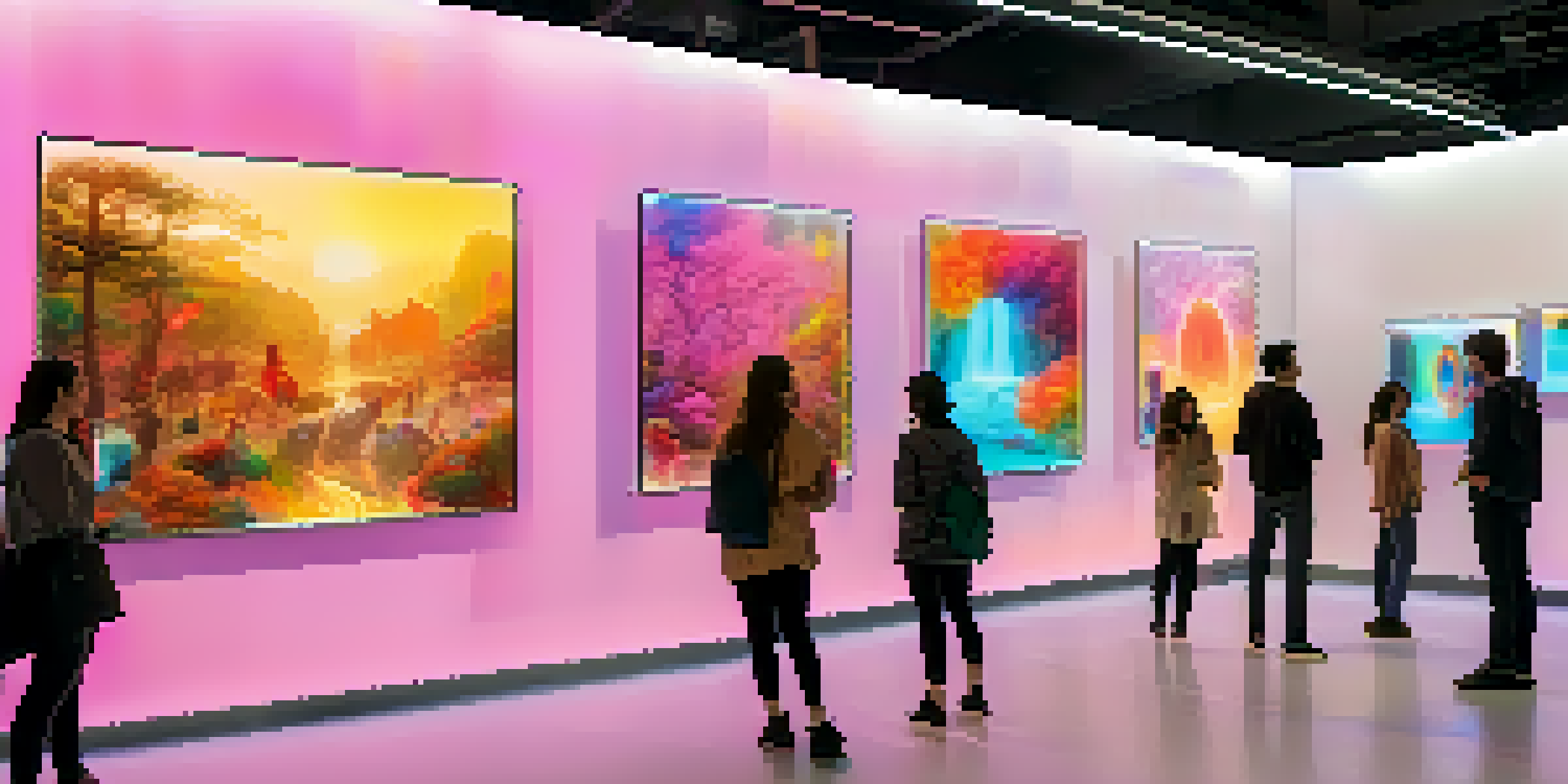 A modern art gallery filled with visitors interacting with digital artworks and augmented reality displays, showcasing NFTs.