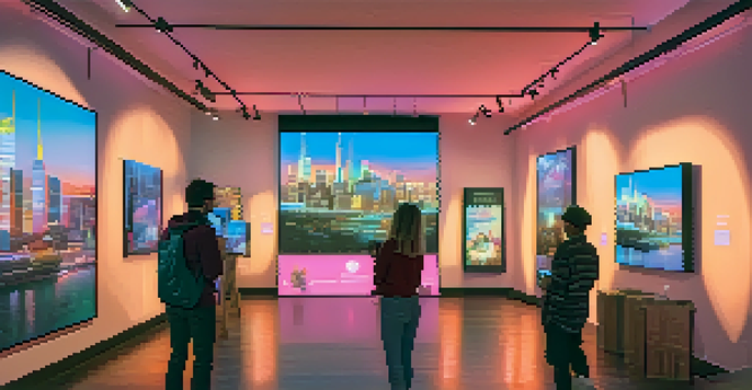 A digital art gallery filled with colorful NFTs on screens, artists engaging with collectors, and a city skyline visible through a window at dusk.