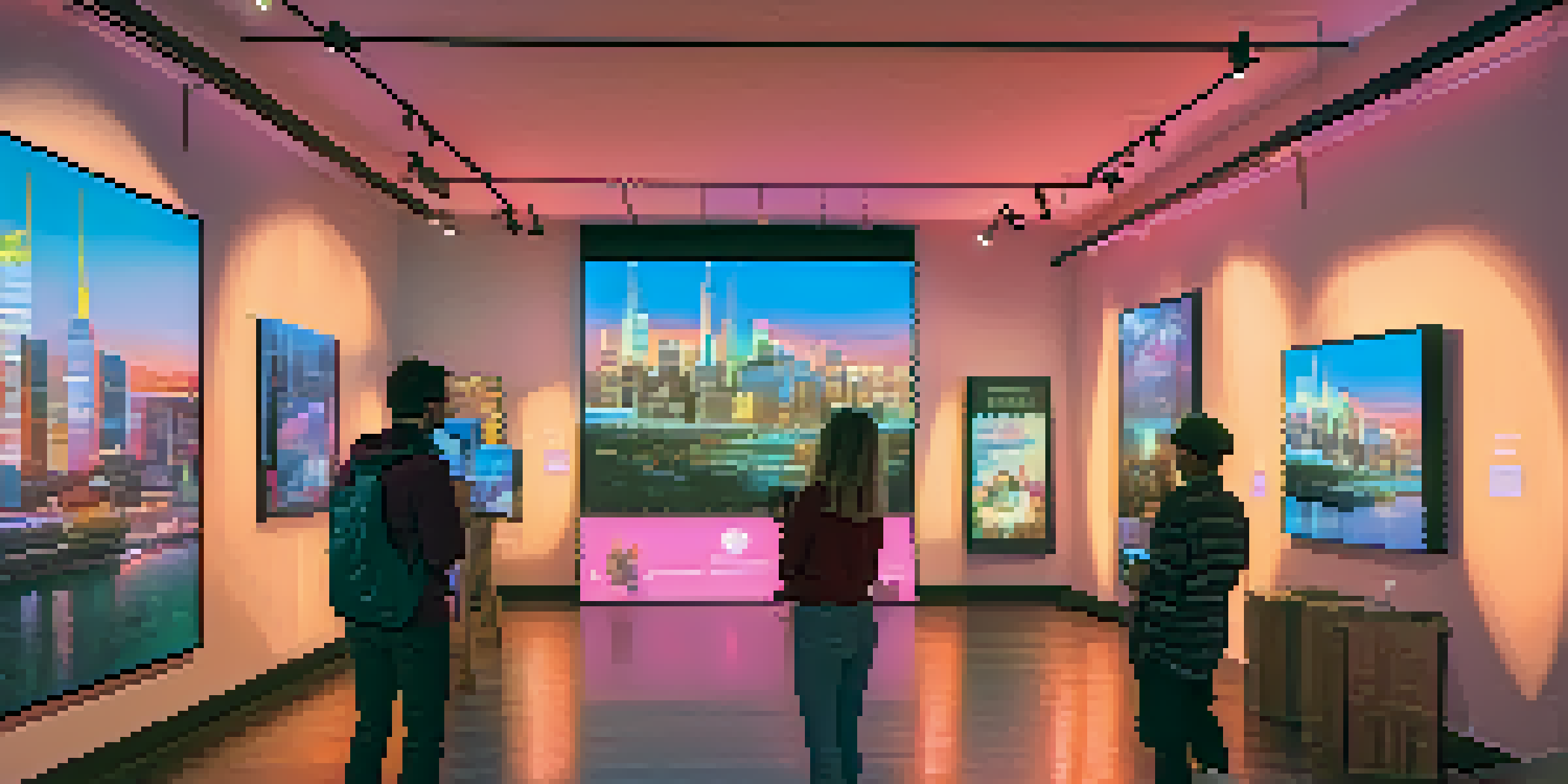 A digital art gallery filled with colorful NFTs on screens, artists engaging with collectors, and a city skyline visible through a window at dusk.