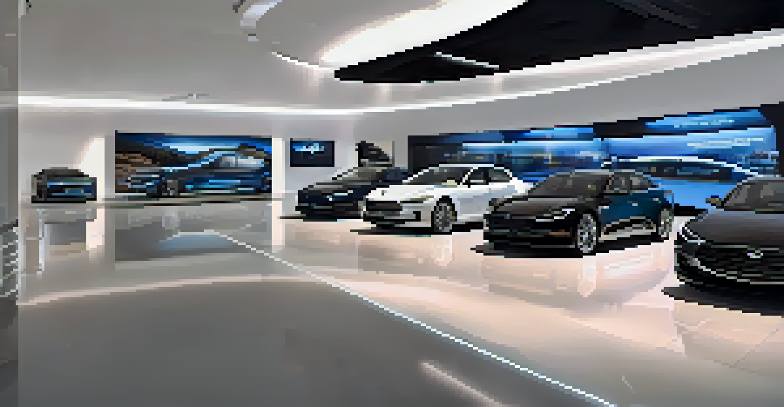 An automotive showroom featuring cars and their digital twins with performance data displays.