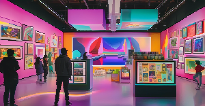 A digital art marketplace filled with various unique NFTs displayed on screens, featuring colorful abstract art and collectibles.