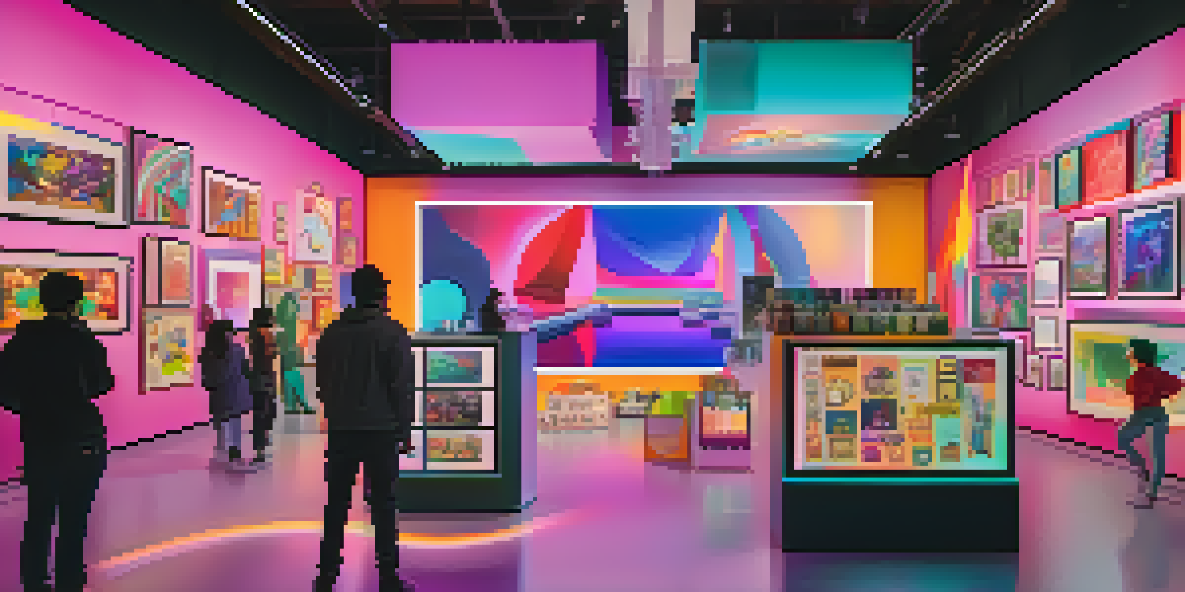 A digital art marketplace filled with various unique NFTs displayed on screens, featuring colorful abstract art and collectibles.