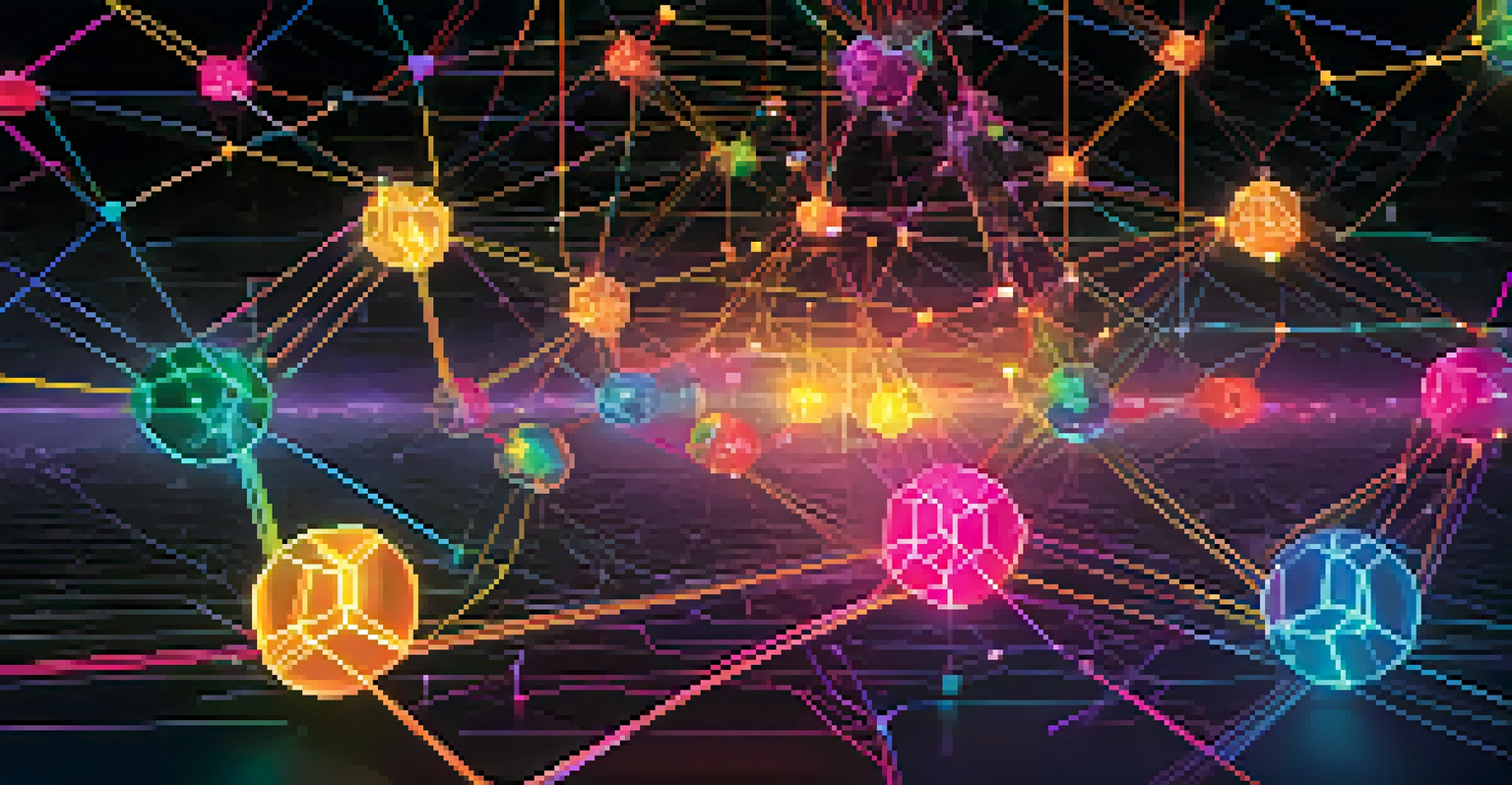 A vibrant blockchain network with glowing interconnected nodes, symbolizing transparency and security in digital transactions.