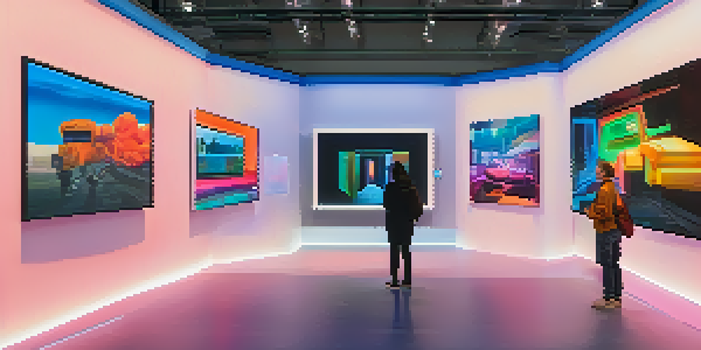 A modern digital gallery filled with colorful NFTs and people interacting with the art using augmented reality.