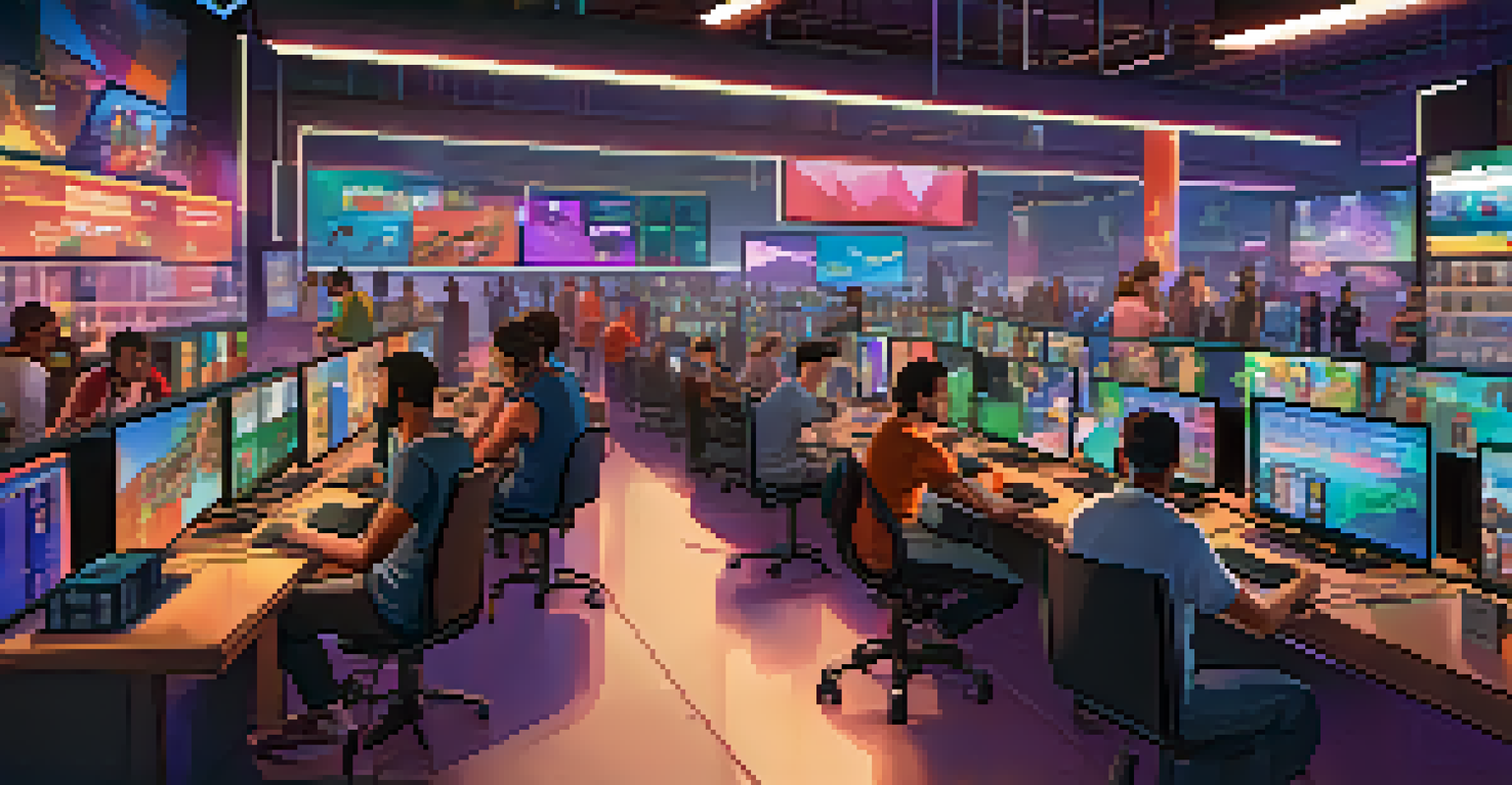 A digital marketplace where gamers are trading colorful NFTs, with players discussing and negotiating trades in an energetic atmosphere.