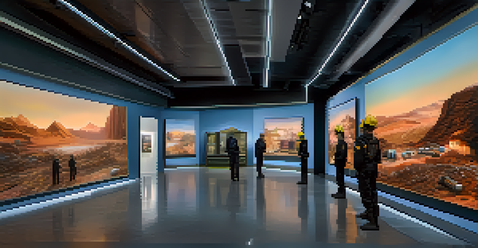 A futuristic digital art gallery with miners as security guards, overseeing stunning displays of NFTs under soft lighting.