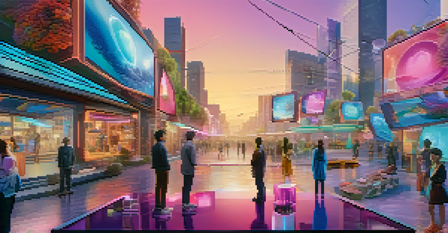 A colorful 3D landscape of a virtual real estate marketplace featuring avatars exploring unique digital properties.