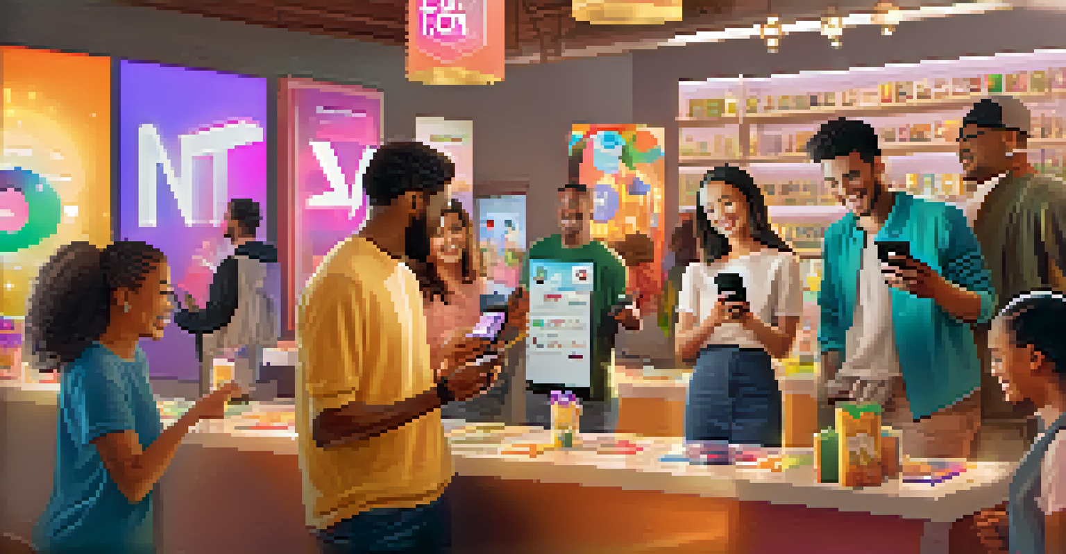 A diverse group of customers interacting with smartphones to showcase NFTs as digital collectibles.
