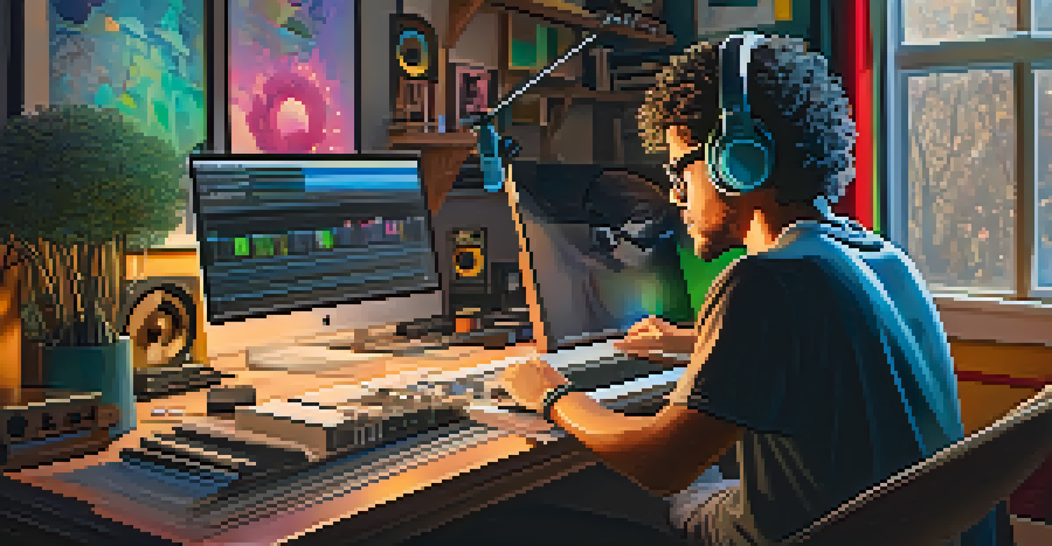 An independent musician in a cozy home studio, creating an NFT with digital visuals of music notes and assets around.