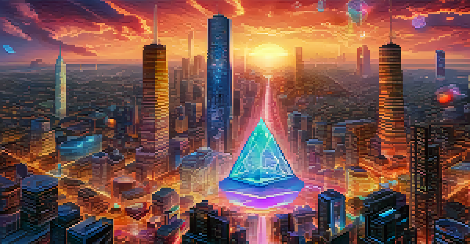 Colorful NFTs as glowing tokens floating above a digital blockchain network with a city skyline.