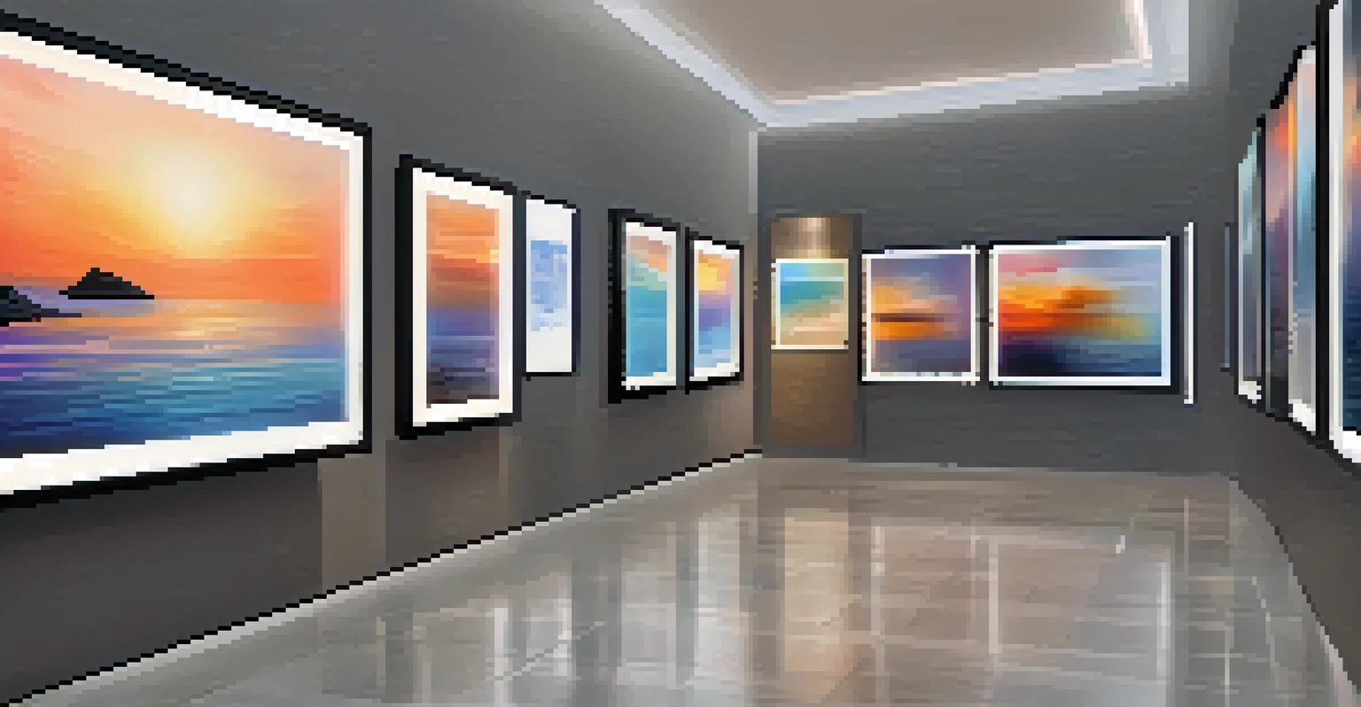 A virtual gallery displaying digital artworks on modern screens, with soft lighting creating a serene environment.