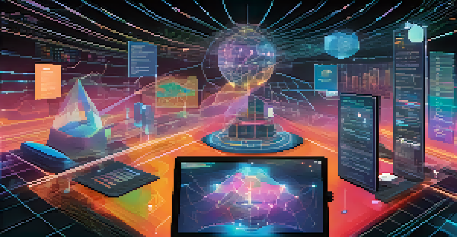 A futuristic blockchain interface showcasing a collaborative NFT project with colorful graphs and digital assets.
