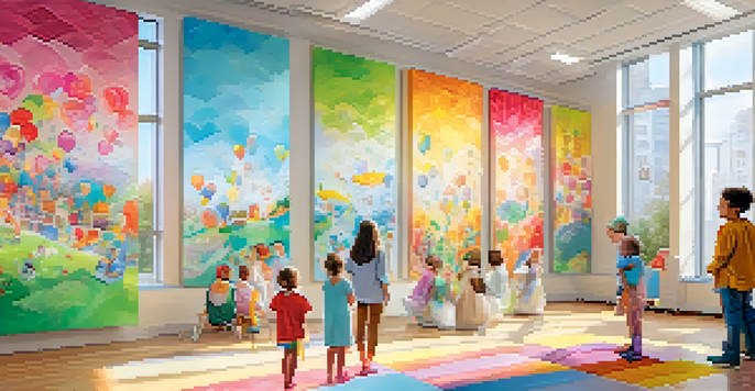 A bright children's hospital art gallery displaying colorful NFT artworks created by young patients, with families admiring the pieces.