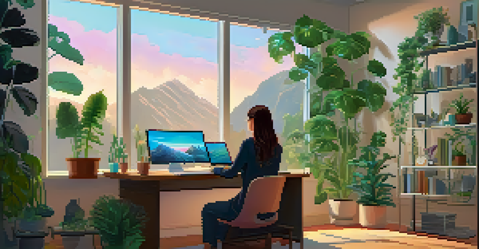A person in a cozy home office, focused on their computer screen displaying colorful NFT art.