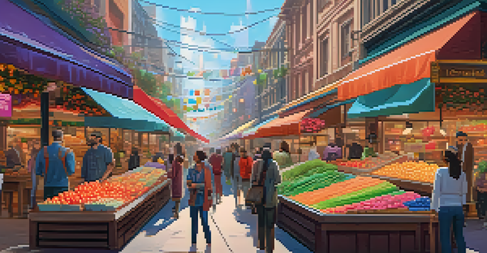 A bustling digital marketplace featuring various unique NFTs displayed on screens, with diverse individuals interacting with the art and collectibles.