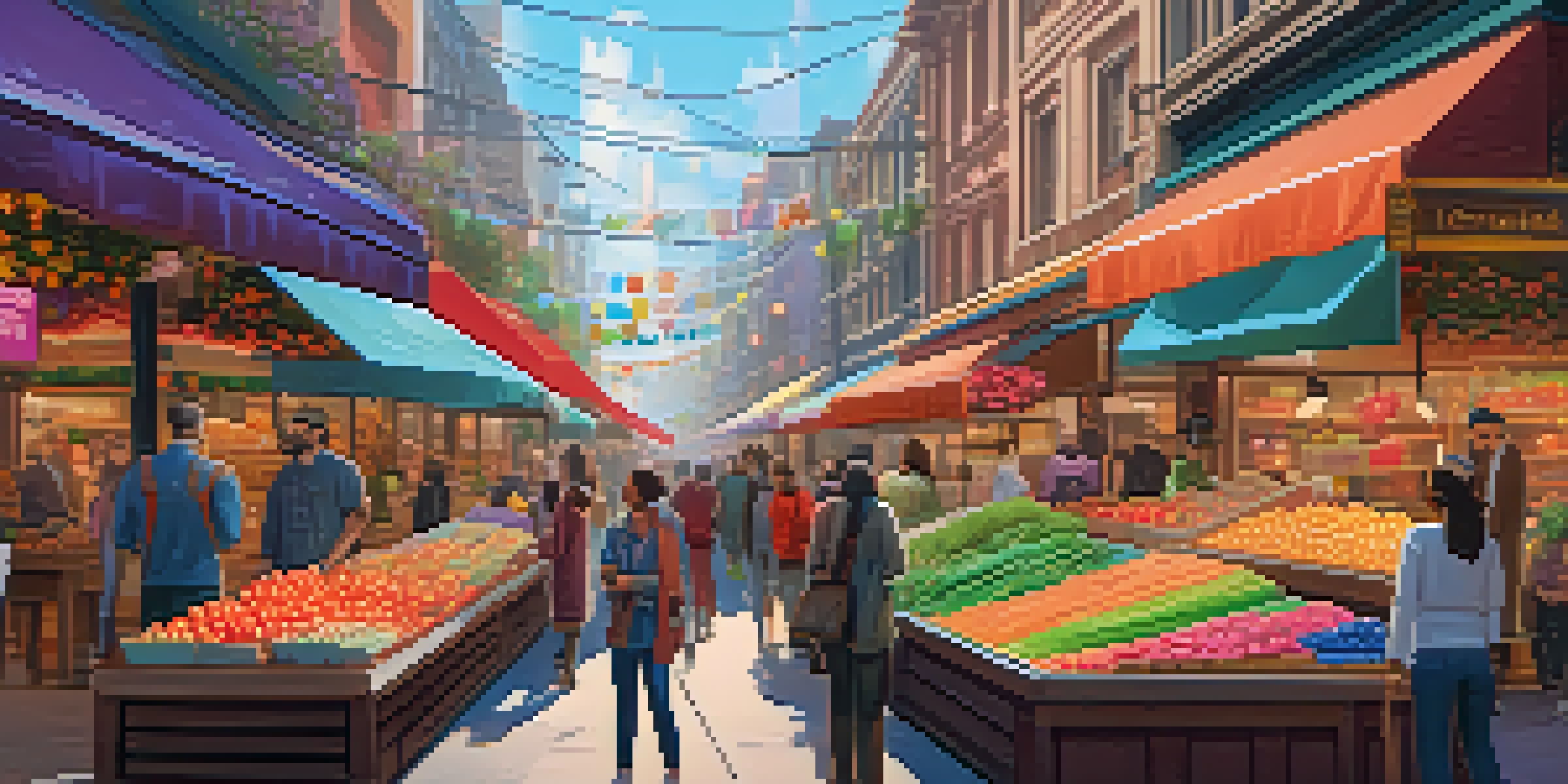 A bustling digital marketplace featuring various unique NFTs displayed on screens, with diverse individuals interacting with the art and collectibles.