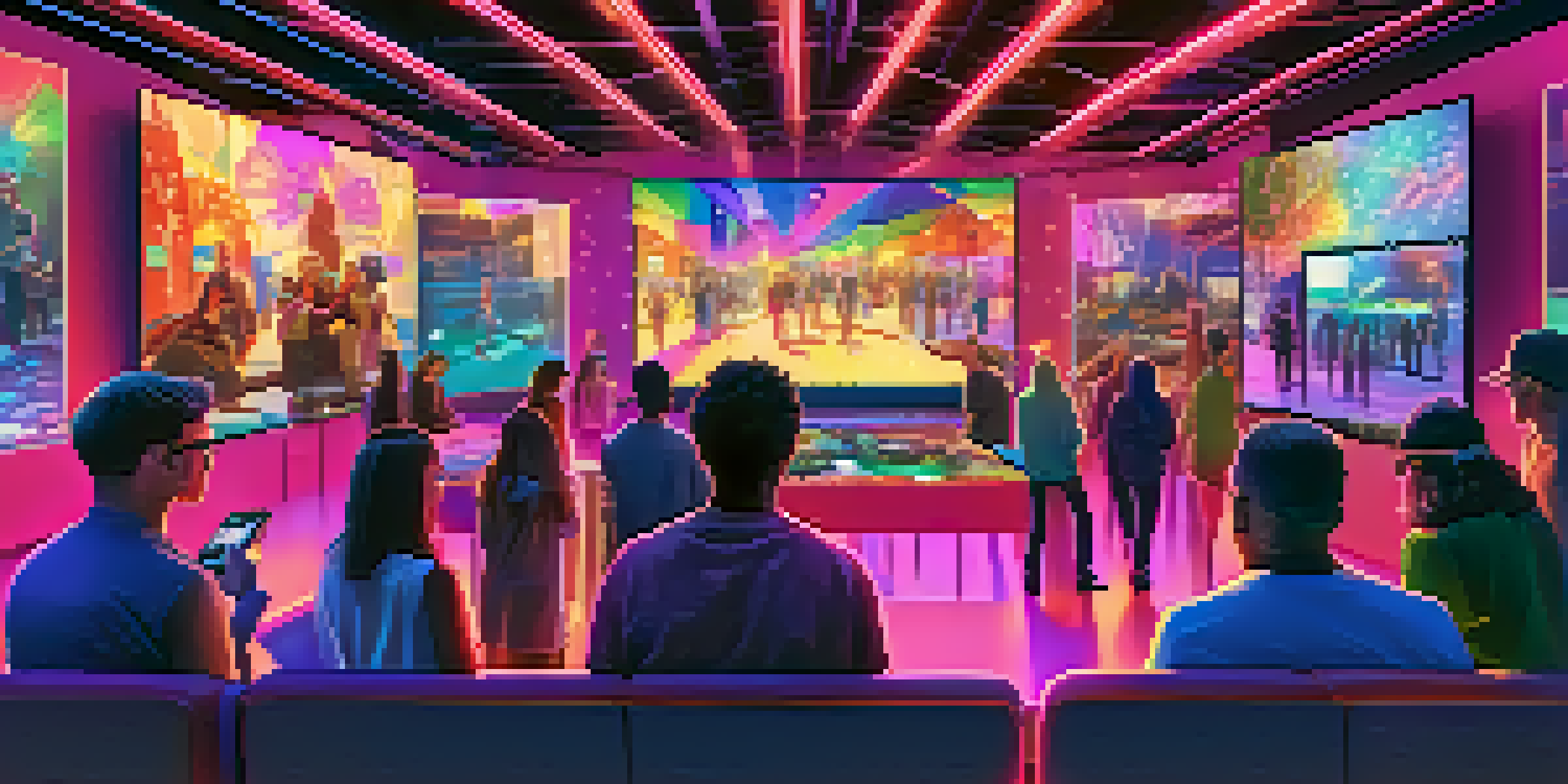 A lively virtual event with attendees interacting with digital screens displaying colorful NFT artworks.