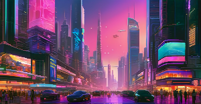 A futuristic city with skyscrapers, neon lights, and flying vehicles at twilight, filled with people interacting with digital displays.
