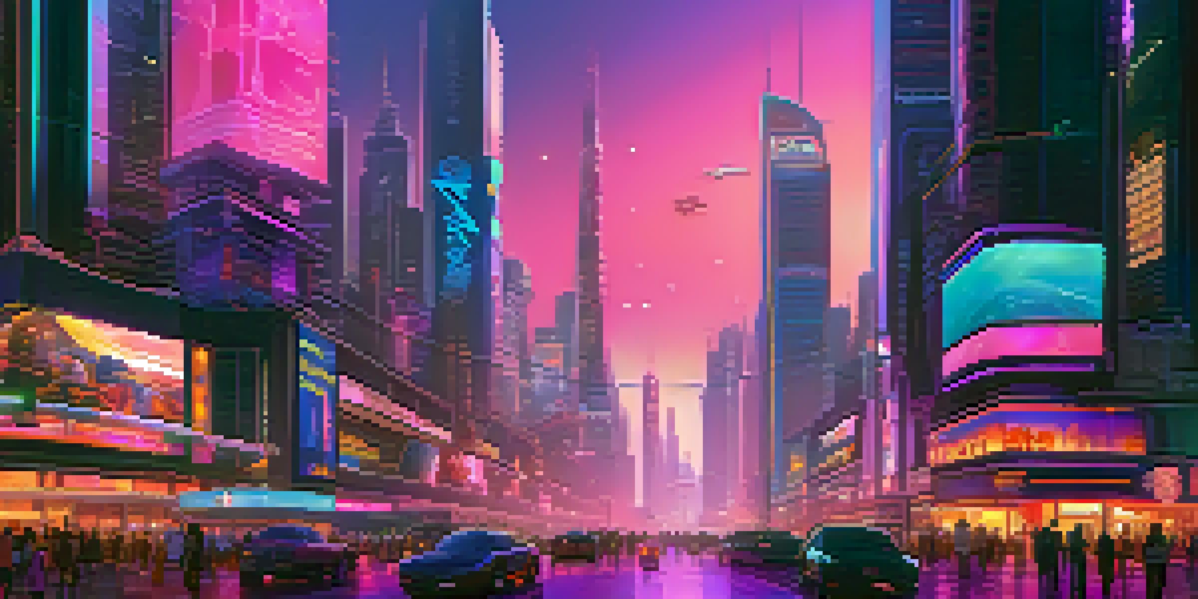 A futuristic city with skyscrapers, neon lights, and flying vehicles at twilight, filled with people interacting with digital displays.