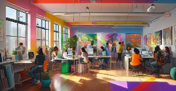 A collaborative workspace with diverse artists engaged in digital art creation, surrounded by colorful artwork and natural light.
