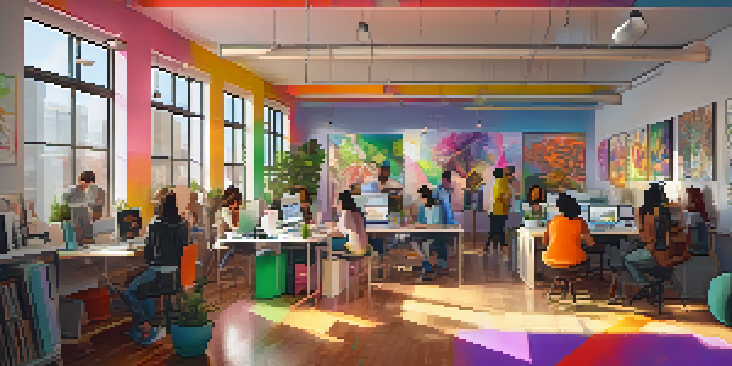 A collaborative workspace with diverse artists engaged in digital art creation, surrounded by colorful artwork and natural light.
