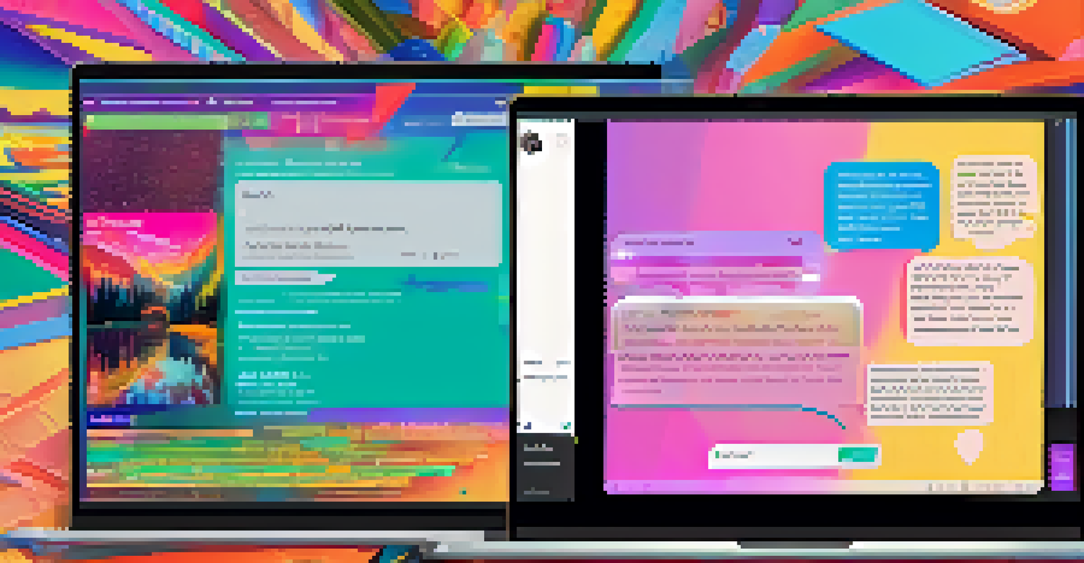 Close-up of a computer screen showing vibrant NFT art and a chat window filled with supportive messages from community members.