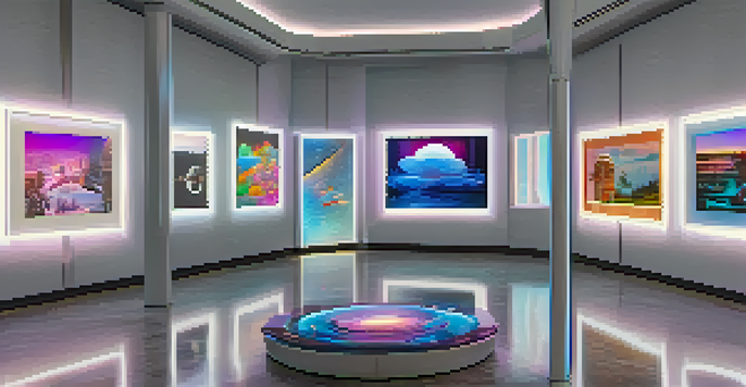 A digital art gallery showcasing colorful digital collectibles in sleek frames, with ambient lighting enhancing the details of the artworks.