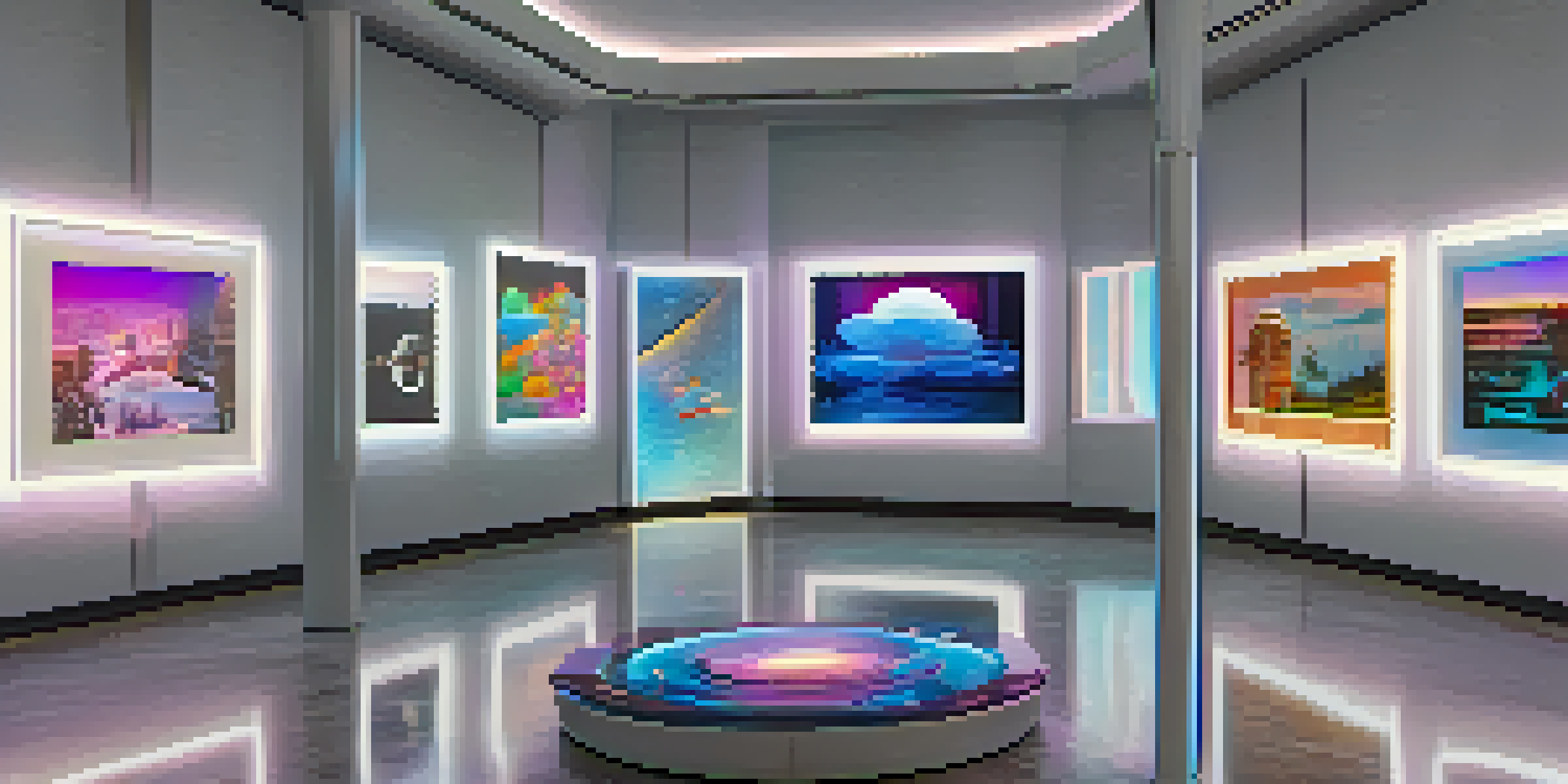 A digital art gallery showcasing colorful digital collectibles in sleek frames, with ambient lighting enhancing the details of the artworks.