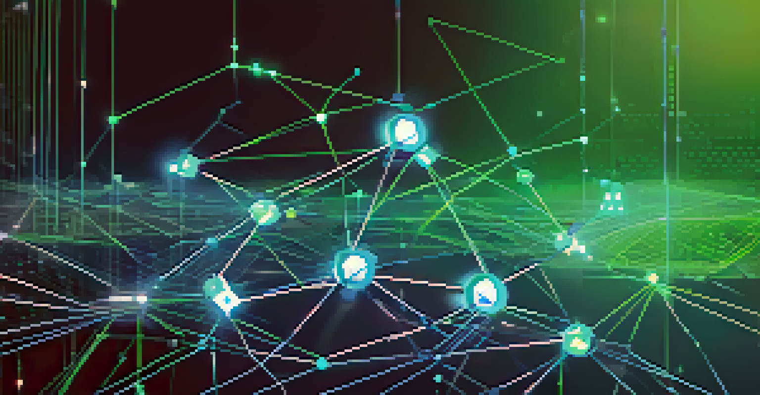 A conceptual illustration of a blockchain network representing NFT transactions with interconnected nodes and glowing lines.
