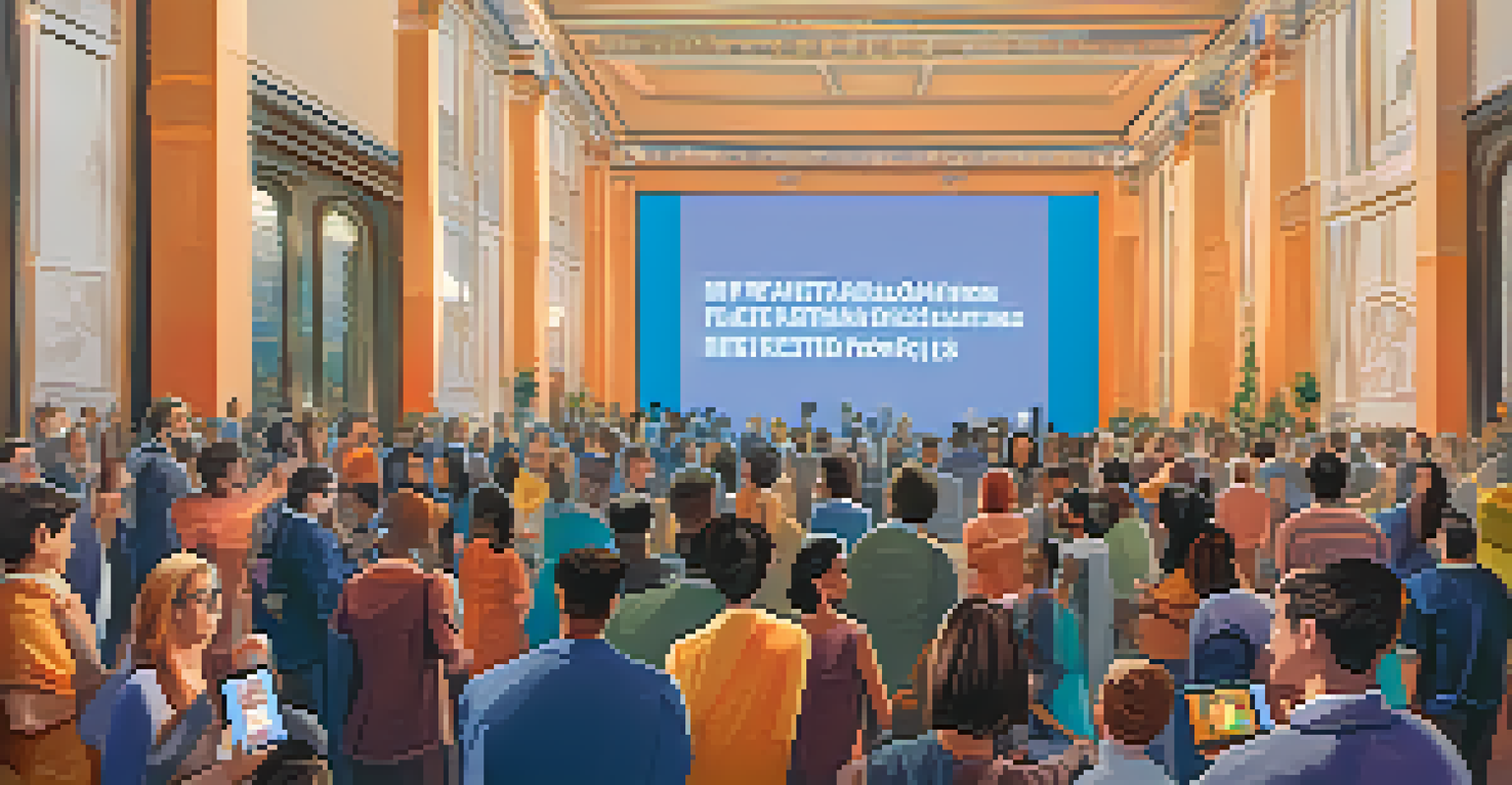 A charity event scene with people participating in a virtual NFT auction, with a large screen showing digital art.