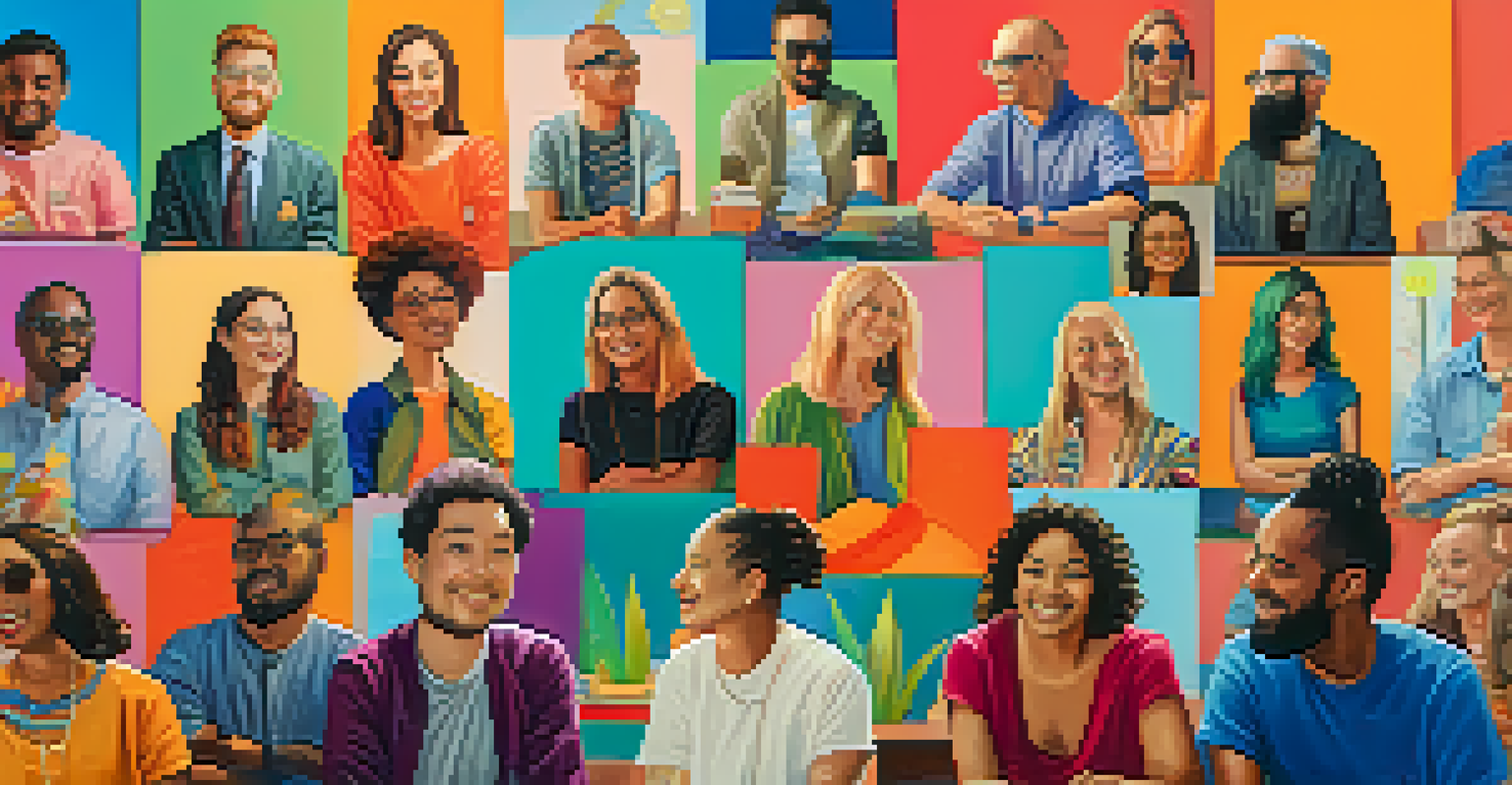 A virtual meeting of diverse artists and collectors discussing NFTs, with colorful avatars and icons of creativity.