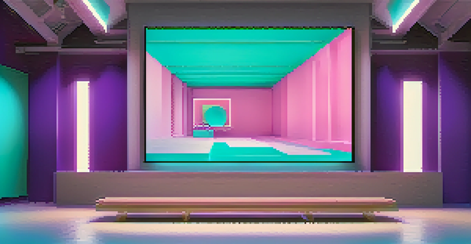 A clean and modern NFT platform interface displaying a colorful digital artwork with bold text above it, set against a bright turquoise background.