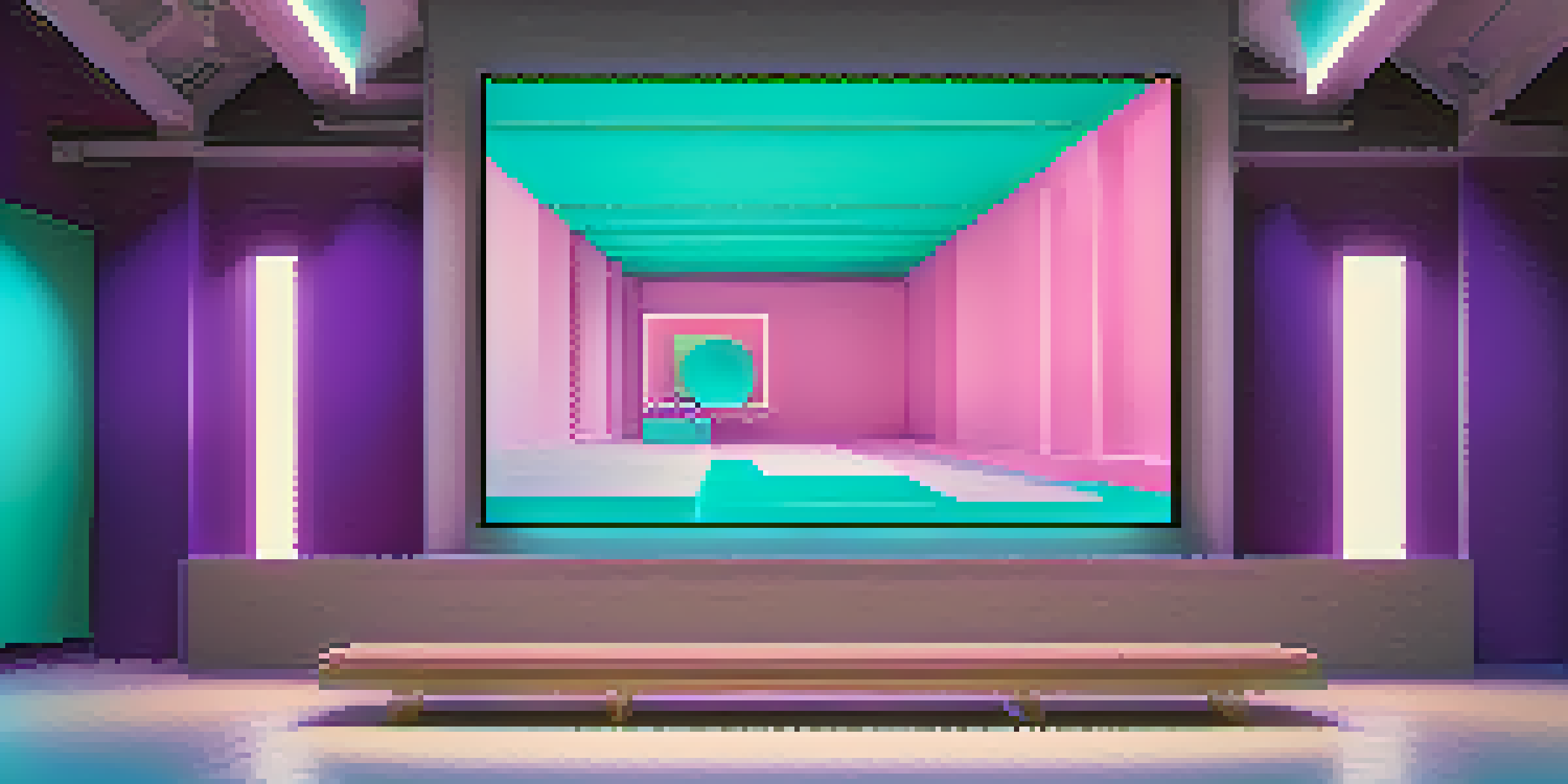 A clean and modern NFT platform interface displaying a colorful digital artwork with bold text above it, set against a bright turquoise background.
