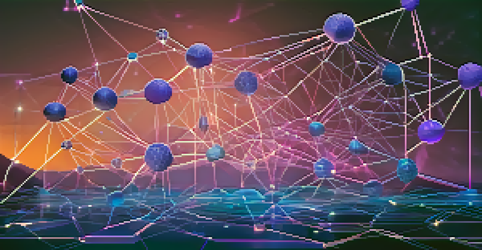 A visual representation of a blockchain network with interconnected nodes and glowing lines symbolizing NFTs.