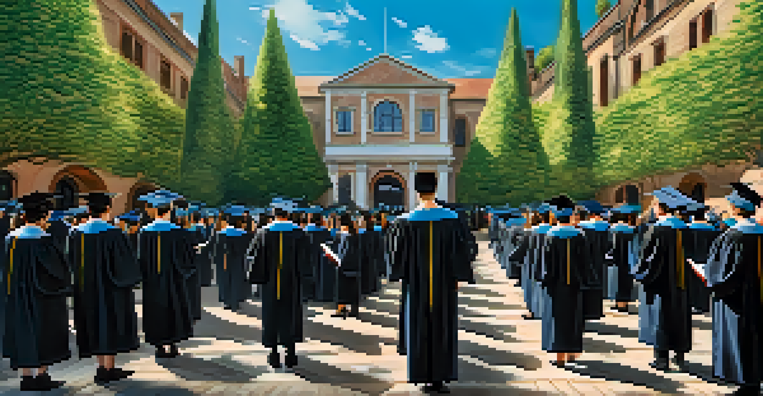 Graduates holding diplomas represented as NFTs in a celebratory outdoor graduation ceremony.