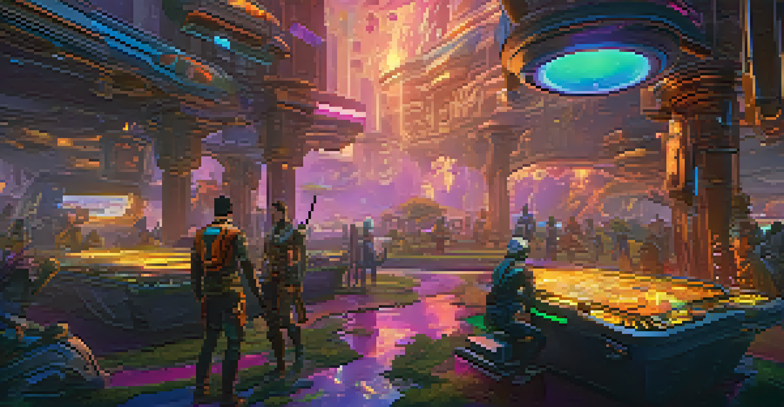 A futuristic gaming environment filled with unique ERC-1155 tokens and players interacting with the landscape.