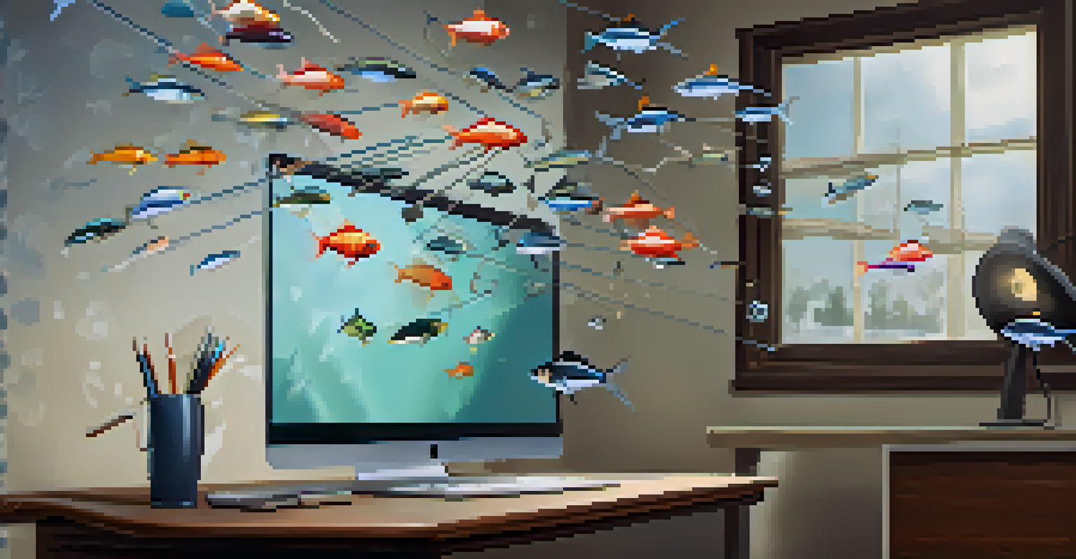 A smartphone screen showing a phishing email with exaggerated hooks and fish graphics, set in a modern home office.