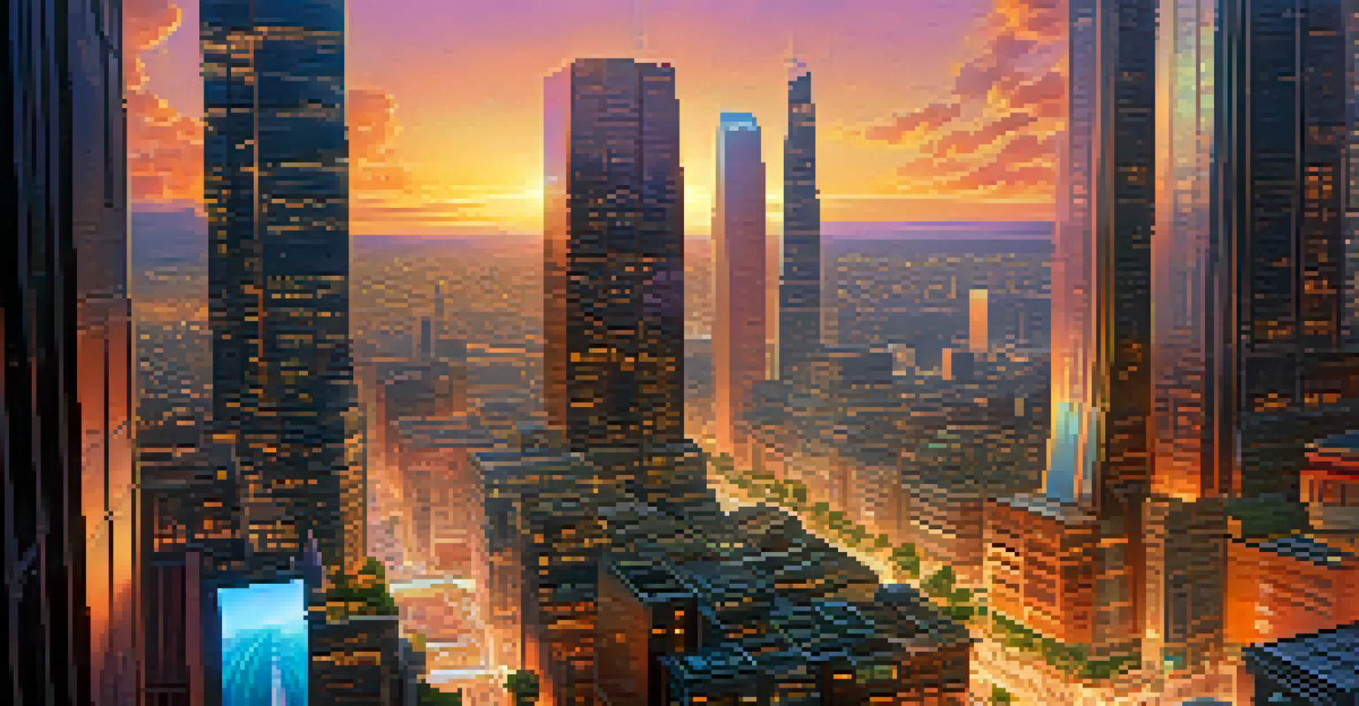A futuristic cityscape with skyscrapers displaying holographic NFTs and people interacting with augmented reality elements.