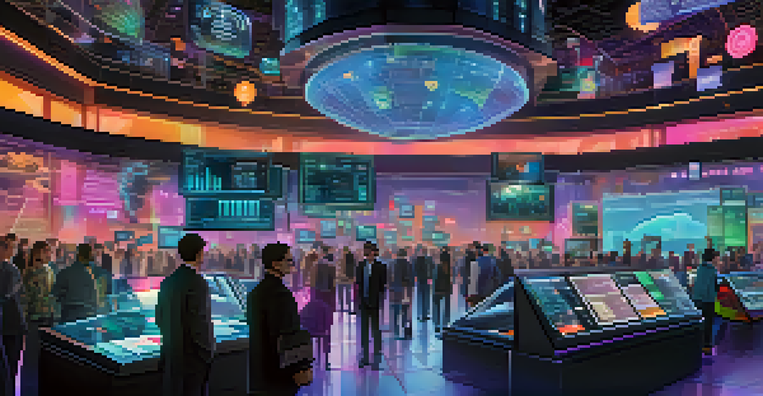 A digital finance marketplace where characters exchange NFTs, featuring holographic displays and market graphs.