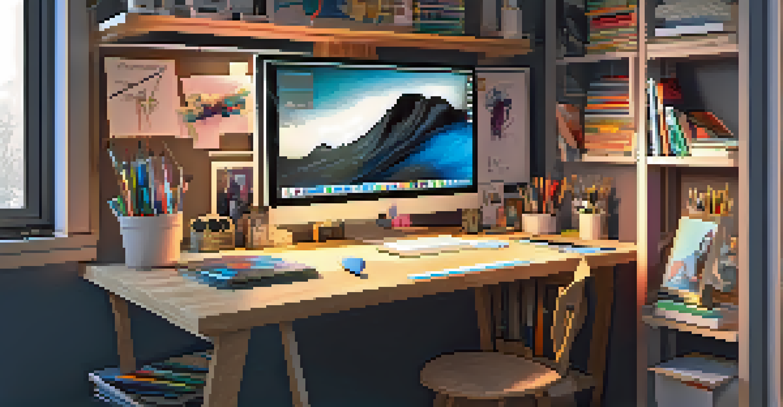 An artist's workspace filled with sketches and a computer displaying NFT creation software, bathed in natural light.