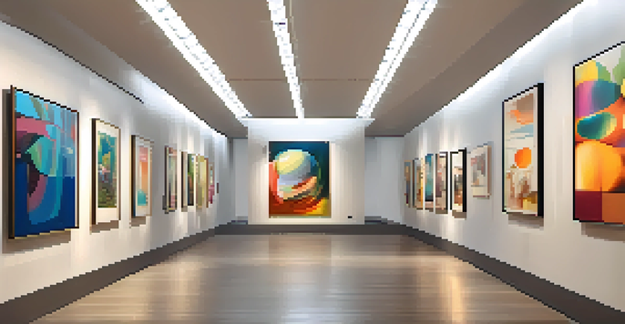 A digital art gallery with various colorful NFTs displayed on the walls, well-lit and modern in design.