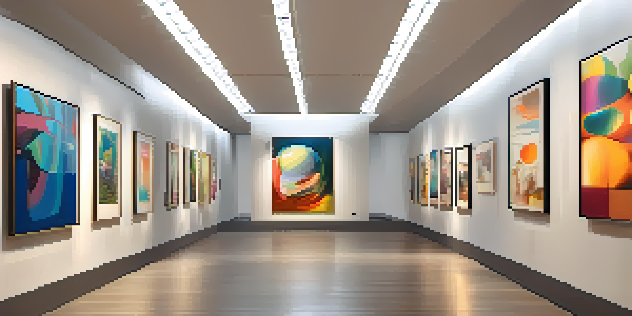 A digital art gallery with various colorful NFTs displayed on the walls, well-lit and modern in design.