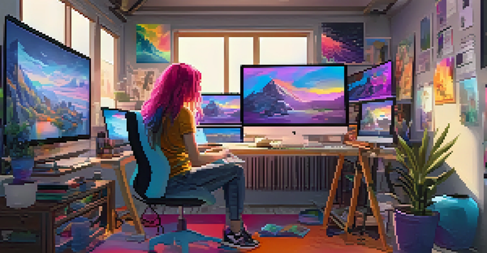 A young woman in a colorful digital art studio, creating an NFT on her computer, surrounded by artwork and technology.