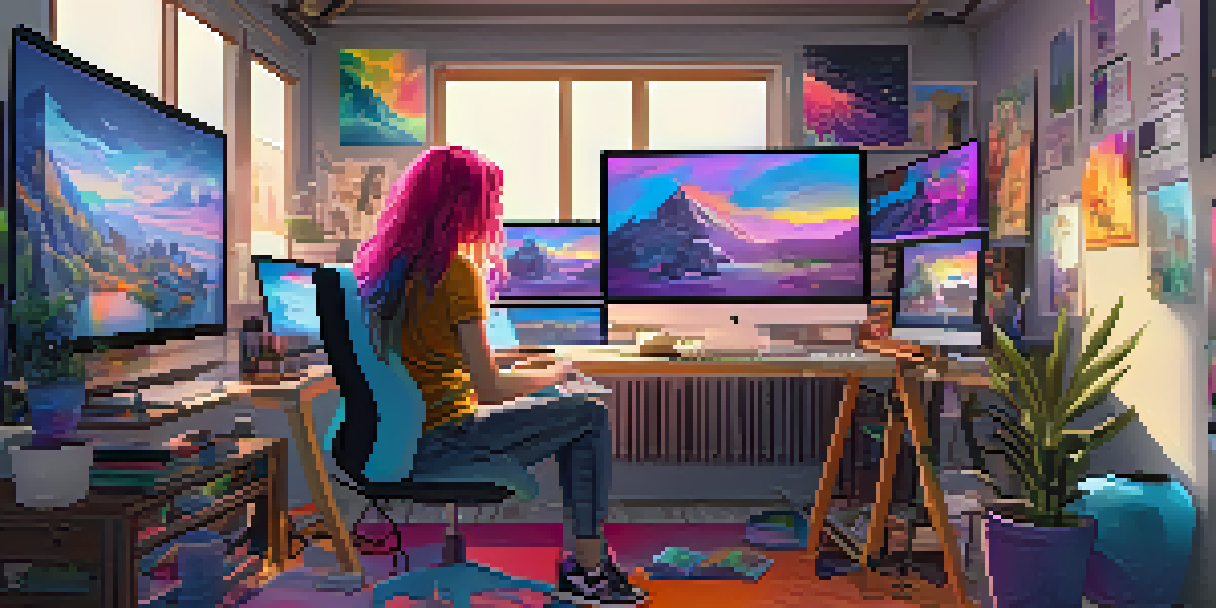 A young woman in a colorful digital art studio, creating an NFT on her computer, surrounded by artwork and technology.